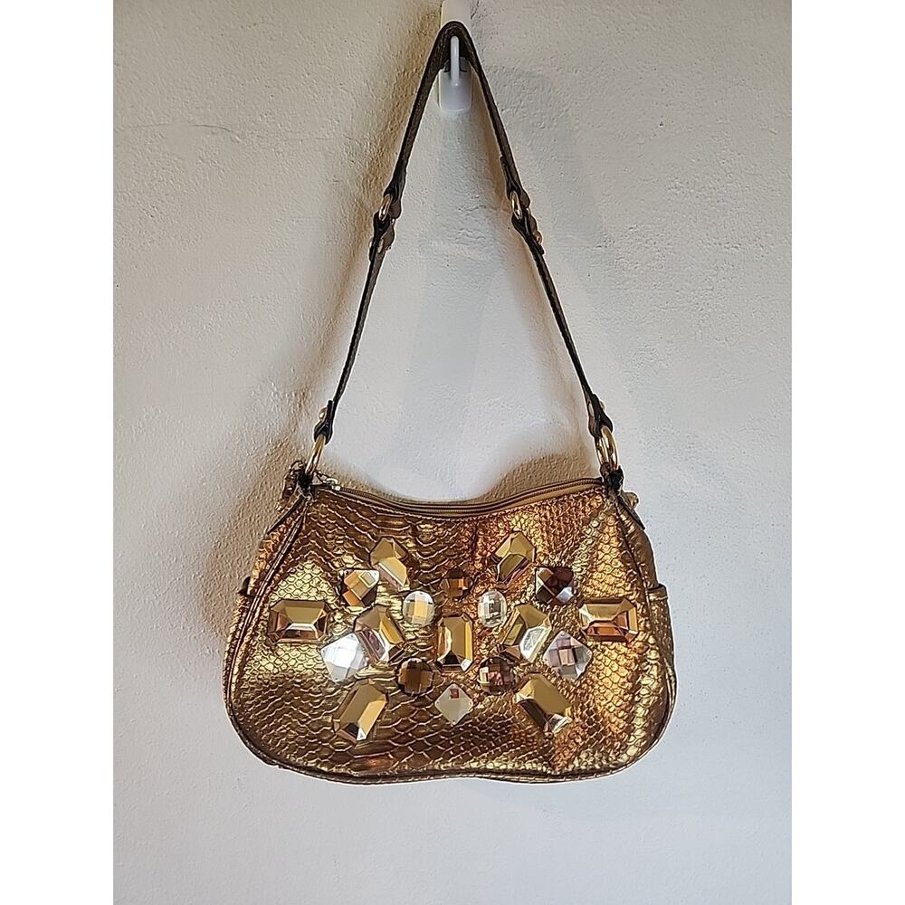 Kathy Van Zeeland Gold Studded Beaded Shoulder Bag Bling Purse